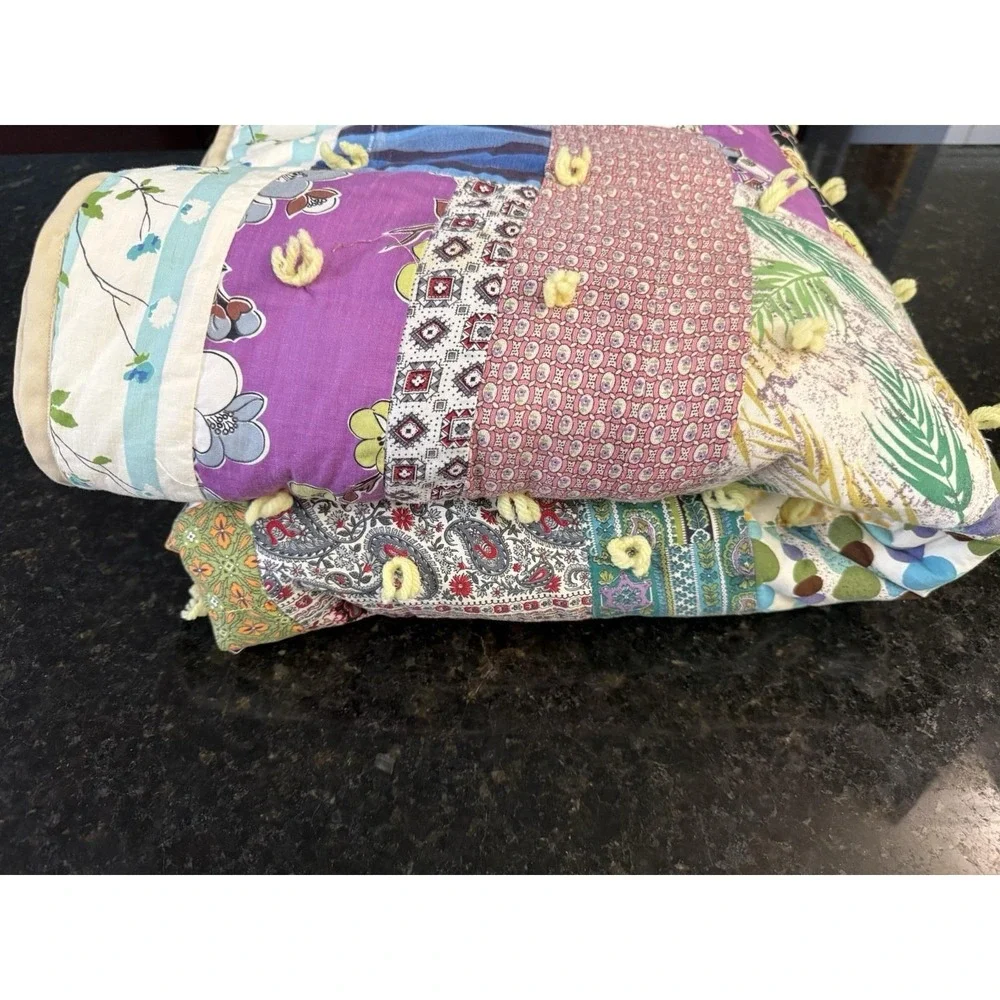 VTG Hand-Made Patchwork‎ Quilt Yarn Tied 64x80 Farmhouse Chickens Cottagecore